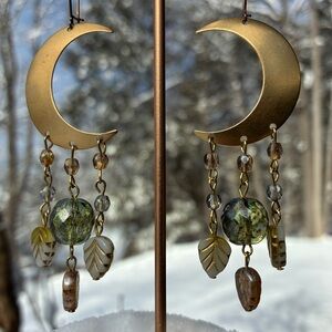 FOLKLORE Crescent Moon Brass Czech Glass Statement Earrings Swift Witchy
